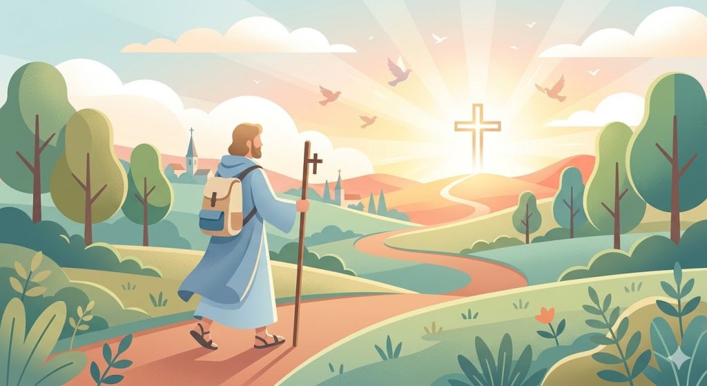 First Day: Faith and Departure - a stylized pilgrim with a staff walking towards a luminous horizon with a cross